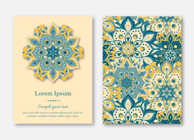 Ayarla kartları, el ilanı, broşür, şablonları ile çizilmiş mandala desen ver. Vintage oryantal tarzı. Hindistan, Asya, Arap, İslam, Osmanlı motif. Vektör çizim.