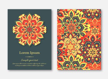 Ayarla kartları, el ilanı, broşür, şablonları ile çizilmiş mandala desen ver. Vintage oryantal tarzı. Hindistan, Asya, Arap, İslam, Osmanlı motif. Vektör çizim.
