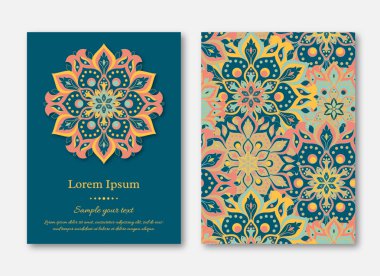 Ayarla kartları, el ilanı, broşür, şablonları ile çizilmiş mandala desen ver. Vintage oryantal tarzı. Hindistan, Asya, Arap, İslam, Osmanlı motif. Vektör çizim.