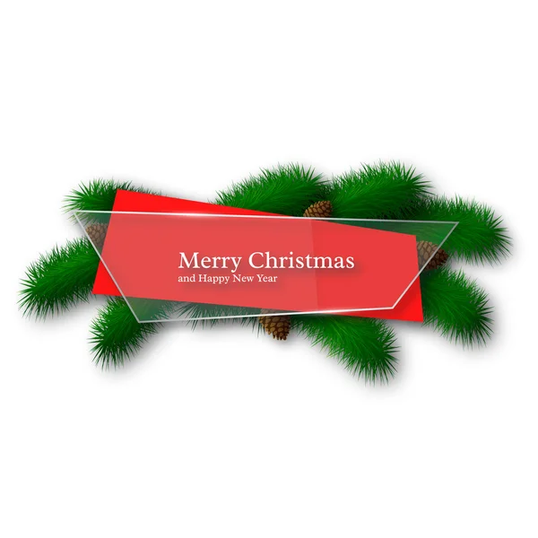 Рождественское стекло и красное абстрактное знамя с сосновыми ветвями и шишками. Изолированный на белом фоне. Векторная иллюстрация . — стоковый вектор