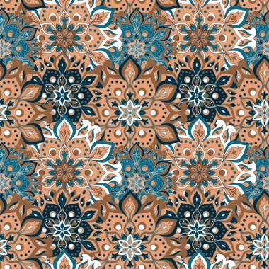 Kusursuz el çizimi mandala deseni. Doğu tarzında klasik elementler. Duvar kağıtları, arka planlar ve sayfa dolumu için doku. İslam, Arap, Hintli, Türk, sedir, Asya motifleri. Vektör illüstrasyonu.