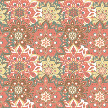 Kusursuz el çizimi mandala deseni. Doğu tarzında klasik elementler. Duvar kağıtları, arka planlar ve sayfa dolumu için doku. İslam, Arap, Hintli, Türk, sedir, Asya motifleri. Vektör illüstrasyonu.