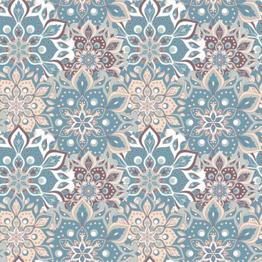 Kusursuz el çizimi mandala deseni. Doğu tarzında klasik elementler. Duvar kağıtları, arka planlar ve sayfa dolumu için doku. İslam, Arap, Hintli, Türk, sedir, Asya motifleri. Vektör illüstrasyonu.