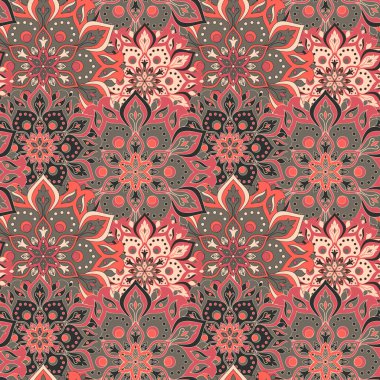 Kusursuz el çizimi mandala deseni. Doğu tarzında klasik elementler. Duvar kağıtları, arka planlar ve sayfa dolumu için doku. İslam, Arap, Hintli, Türk, sedir, Asya motifleri. Vektör illüstrasyonu.