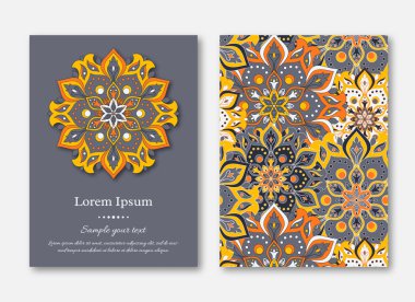 Ayarla kartları, el ilanı, broşür, şablonları ile çizilmiş mandala desen ver. Vintage oryantal tarzı. Hindistan, Asya, Arap, İslam, Osmanlı motif. Vektör çizim.