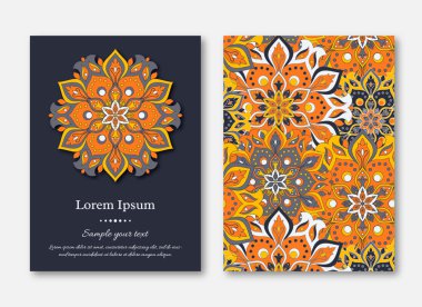 Ayarla kartları, el ilanı, broşür, şablonları ile çizilmiş mandala desen ver. Vintage oryantal tarzı. Hindistan, Asya, Arap, İslam, Osmanlı motif. Vektör çizim.