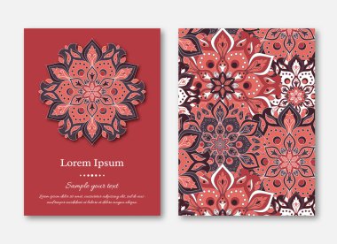 Ayarla kartları, el ilanı, broşür, şablonları ile çizilmiş mandala desen ver. Vintage oryantal tarzı. Hindistan, Asya, Arap, İslam, Osmanlı motif. Vektör çizim.