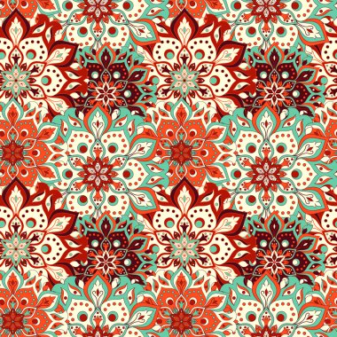 Kusursuz el çizimi mandala deseni. Doğu tarzında klasik elementler. Duvar kağıtları, arka planlar ve sayfa dolumu için doku. İslam, Arap, Hintli, Türk, sedir, Asya motifleri. Vektör illüstrasyonu.