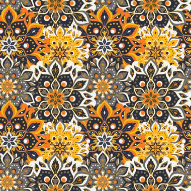Kusursuz el çizimi mandala deseni. Doğu tarzında klasik elementler. Duvar kağıtları, arka planlar ve sayfa dolumu için doku. İslam, Arap, Hintli, Türk, sedir, Asya motifleri. Vektör illüstrasyonu.