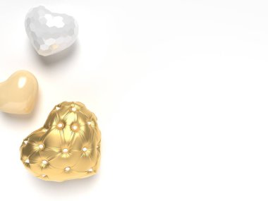 Altın ve parlak kalplerle düğmeli 3D kompozisyonu var. Sevgililer günü ya da düğün için fotokopi alanı olan aşk konsepti. Beyaz arkaplan.