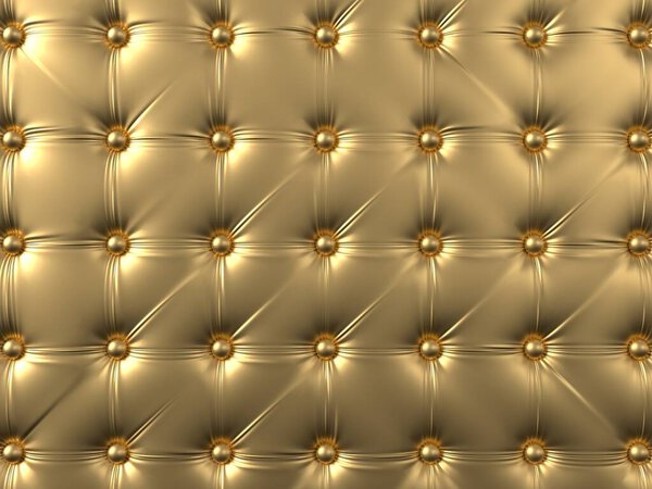 Golden sofa upholstery with buttons. Leather luxury texture for patterns or backgrounds. 3d rendering illustration.