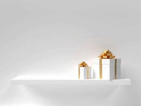 3d cajas de regalo en el estante de la pared blanca. —  Fotos de Stock