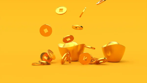 Falling Chinese lucky golden 3d coins. — Stock Photo, Image