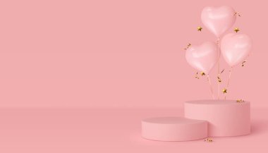 Kalp balonlu 3D podyum sahnesi.