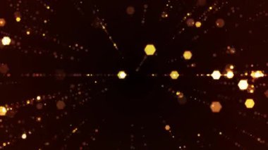 Işıldayan altın parçacıklar ortaya doğru karanlık arka planda parlıyor, yeni yıl kutlaması için ışıl ışıl ışıl ışıllar, ödül töreni, yıldönümü. 4K döngü canlandırması.