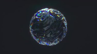 Pürüzsüz yüzey dalgaları ve dinamik ışık yansımalarıyla şeffaf yanardöner küre. 4k kusursuz holografik döngü animasyonu.