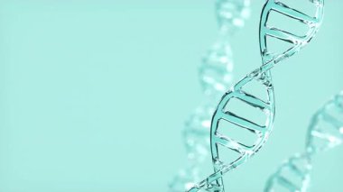 Şeffaf, parlak DNA çift sarmallı. Dönen deniz mavisi cam moleküler yapısı, yumuşak odaklı. Tıbbi, bilimsel ve biyoteknoloji için ideal. 4K döngüsü 3d canlandırma canlandırması.