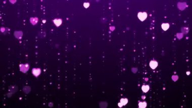 Mor parıldayan kalp parçacıkları koyu arkaplanda hafif parıldayan hareketler halinde düşüyorlar. Sevgililer Günü için romantik film tasarımı, düğün ya da aşk teması. 4K canlandırması.