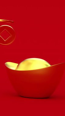 Düşen altın Çin sikkeleri ve kırmızı arka planda Yuanbao külçeleri. Çin Yeni Yılı için 3D dikey canlandırma.