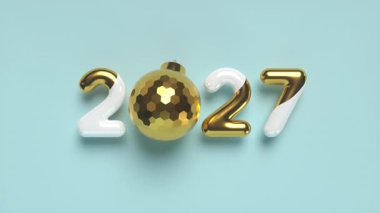 2027 yılbaşı tabelası ve dönen top. 3D metalik altın sayılar ve mavi arka planda parlak bir top. Kusursuz döngülü 4k animasyonu.