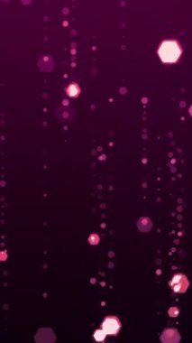 Mor parıldayan parçacıklar, yeni yıl kutlaması, ödül töreni ve parti tasarımı için karanlık arka planda hafif parıldayan hareketler halinde düşüyorlar. Dikey döngü canlandırması.