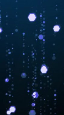 Mavi parıldayan parçacıklar, yeni yıl kutlaması, ödül töreni ve parti tasarımı için karanlık arka planda hafif titreşimli hareket halinde düşüyorlar. Dikey döngü canlandırması.