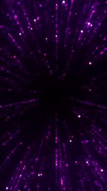 Karanlık arka planda merkezden dışarıya doğru parlayan parlak mor yıldız parçacıkları, Yeni Yıl kutlamaları, ödül töreni, olay tasarımı için ışıldayan ışık ışınları. 4K döngü dikey canlandırması.