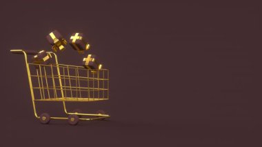Altın bir alışveriş arabasının içine düşen hediye kutuları. Perakende satış ve e-ticaret pazarlaması için şık bir konsept. Lüks koyu kahverengi ve altın rengi estetik. Kopyalama alanı ile 4K canlandırma, 3B canlandırma.