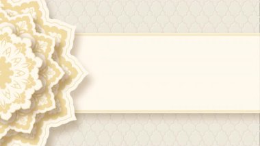 Ramazan, bayram ve Diwali için altın dönüşümlü mandala animasyonu. Çiçekli süslemeleri ve yumuşak gölgeleri olan zarif bir bej arka plan. İslam ve Hint bayramları için 4K kusursuz döngü, kopyalama alanı.