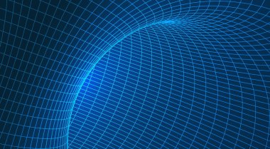 3D kablo örgüsü ve neon mavi parlayan geometrik ızgarayla dijital ağ tüneli büyük veri akışını ve küresel bağlantıyı temsil ediyor, teknoloji vektör illüstrasyonu