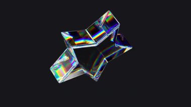 Dönen cam yıldızın üç boyutlu döngü animasyonu. Kromatik aberasyon ve gökkuşağı prizması kırılması. Siyah zemin üzerinde dönen zarif kristal yıldız spektral ışık dağılımı ve parlak bitiş.