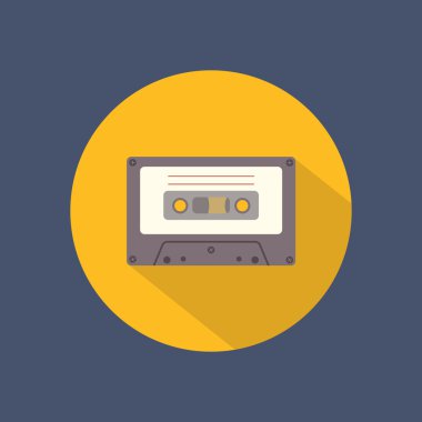 Cassette set flat round icon on dark background. Retro style. Vector illustration.