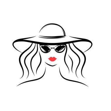 Şapkalı ve güneş gözlüklü bir kadın. Önüne bak. İzole vektör illüstrasyonu
