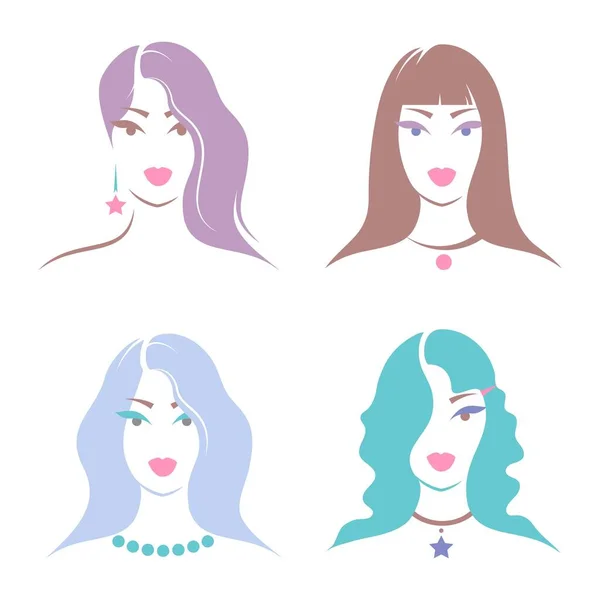 Hromada Ženských Avatarů Dlouhými Vlasy Různých Barev Sada Ženských Portrétů — Stockový vektor