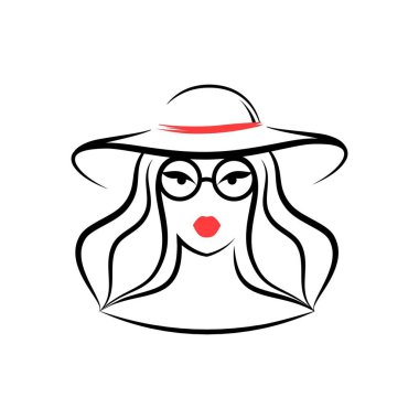 Şapkalı ve gözlüklü bir kadın. Avatar. Önüne bak. İzole vektör illüstrasyonu