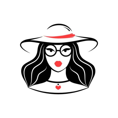 Şapkalı ve gözlüklü bir kadın. Avatar. Önüne bak. İzole vektör illüstrasyonu