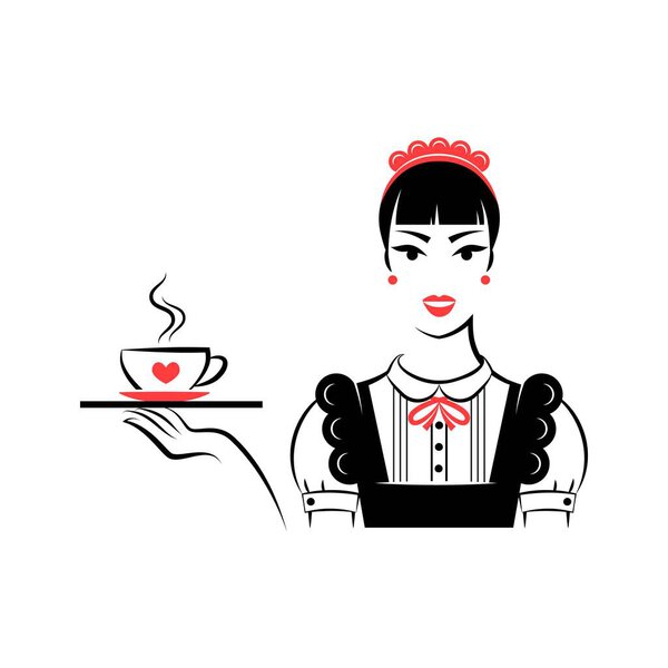 Waitress or maid with tray and a cup of coffee or a cup of tea. Userpic. Portrait isolated on white background. Vector illustration