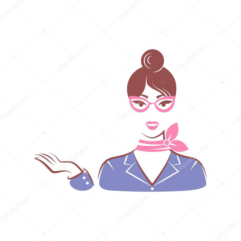 Shop assistant woman hand points out. Userpic. Portrait isolated on white background. Vector illustration