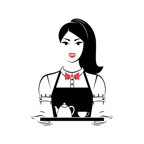 Kellnerin Mit Einem Tablett Mit Einer Tasse Kaffee Oder Tee — Stockvektor