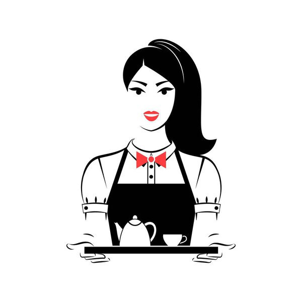 Waitress holding a tray with a cup of coffee or tea and a teapot or coffee pot. Userpic. Portrait isolated on white background. Vector illustration