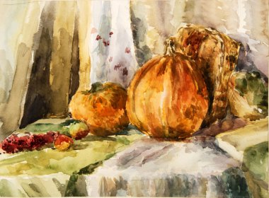 Kabak ve armut ile natürmort. Suluboya.