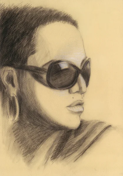 Лицо милой женщины в очках. Рисование . — стоковое фото
