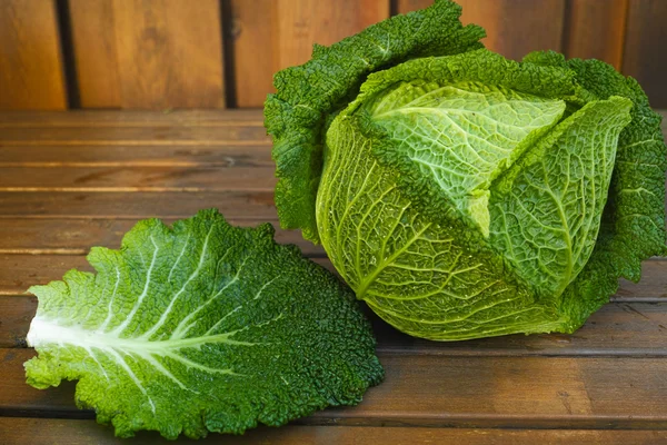 Single head of fresh green Savoy cabbage