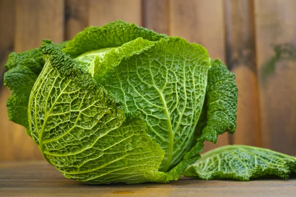 Single head of fresh green Savoy cabbage