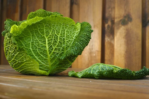 Single head of fresh green Savoy cabbage