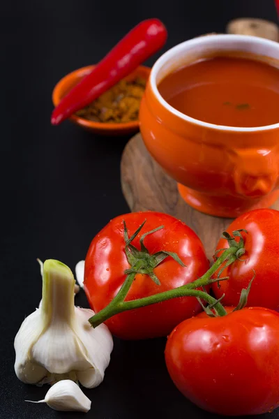 Świeże pomidory przyprawione zupa z czosnku, pieprzu i chleb — Zdjęcie stockowe