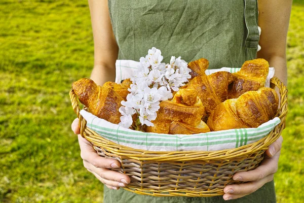 Junge Frau hält einen Weidenkorb mit frisch gebackenen Croissants — Stockfoto