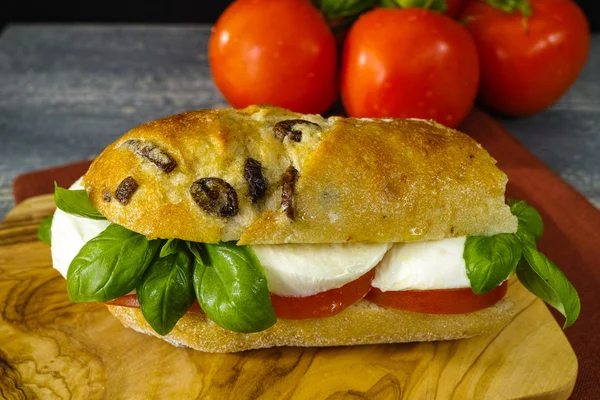 Gesundes vegetarisches Veggie-Sandwich mit Tomaten, Basilikum, Mozzarella — Stockfoto