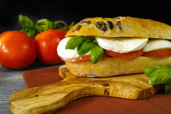 Zdravých vegetariánských vegetarián sendvič s rajčaty, bazalkou, mozzarellou — Stock fotografie