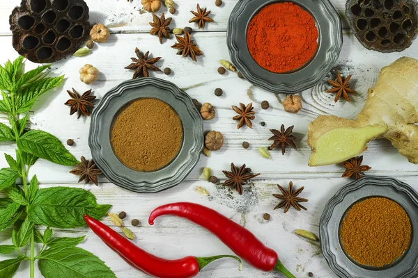 Beyaz ahşap masa üstüne taze nane ile renkli Hint baharat — Stok fotoğraf